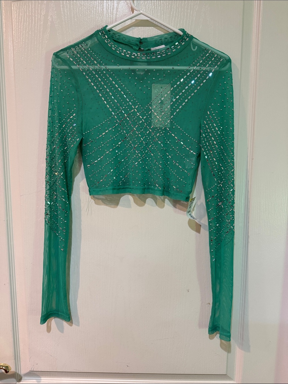Hot & Delicious Green Sheer Mesh Long-Sleeve Crop Top with Rhinestones